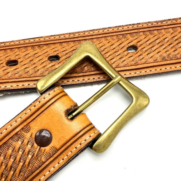 Nocona Western Concho Belt 30 Brown Leather Tooled Basketweave Rawhide Brass - Picture 5 of 12